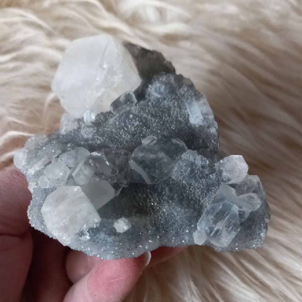 Apophyllite on Blue Chalcedony